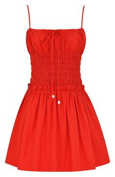 Be perfectly party-ready in this fiery frock cut in a stem-showing silhouette and shaped by sweet smocking. 31" length Hidden side-zip closure Square neck Adjustable straps Lined 100% cotton Dry clean Imported Summer Strapless Sleeveless Dress With Smocked Bodice, Fitted Red Smock Dress, Flirty Sleeveless Smocked Beach Dress, Flirty Sleeveless Smocked Dress For Beach, Red Strapless Stretch Dress For Summer, Summer Sleeveless Lined Smocked Dress, Red Ruffled Sleeveless Sundress, Flirty Sleeveless Orange Dress, Spring Strapless Sleeveless Dress With Smocked Back