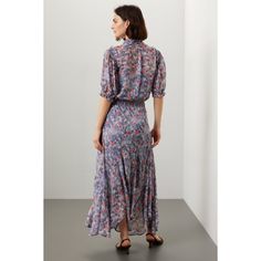 Blue floral cotton (100% Viscose). A-line. Short sleeves. Tie neck. Pull on. 53" from shoulder to hemline. Imported. Knee-length Flowy Midi Dress With Floral Print, Knee-length Floral Midi Dress With Flowy Skirt, Floral Print A-line Maxi Dress With Flowy Skirt, Floral Print A-line Flowy Maxi Dress, Flowy A-line Maxi Dress With Floral Print, Blue Flowy Feminine Dress, Feminine Blue Dress With Flowy Skirt, Feminine Blue Flowy Dress, Spring Floral Print Fit And Flare Dress