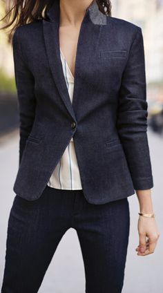 Denim is not only for jeans. Keep your look fresh this season with our tailored denim blazer. Pair this piece with a silky blouse and slacks for a must have 9 to 5 and beyond look | Banana Republic Prep Style, Denim Blazer, Work Style, Peak Lapel, Suit Style, Dress For Success, Work Clothes, Work Wardrobe, Work Attire