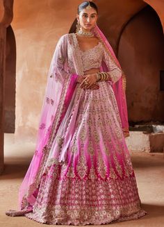 Radiant Pink Bridal Ombre Silk Lehenga Set Nitika Gujral - Fabilicious Fashion Ombre Dupatta, Raw Silk Blouse, Pink Dupatta, Crystal Work, Lehenga Dupatta, Raw Silk Lehenga, Crystal Embroidery, Bridal Lehenga Red, Padded Blouse