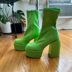 Bright Green Disco Boots, Size Uk5 Us7.5/8 Fit Large Disco Platform Heel Boot. Brand New Out Of The Box,, Original Box Not Included. Green Ankle Boots For Spring, Retro Round Toe Heeled Boots For Spring, Retro Spring Heeled Boots With Round Toe, Retro Synthetic Boots For Fall, Green Round Toe Heeled Boots For Spring, Green High Ankle Heeled Boots For Spring, Retro Heeled Boots For Spring, Spring Square Toe Synthetic Platform Boots, Green Synthetic Boots For Spring