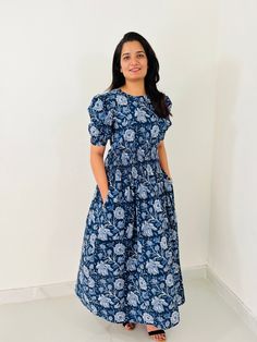 Hand Block Printed Dress, Block Print Dress, Indian Tunics, Hand Printed Dress, Indian Cotton Long Gown, Indian Cotton Dress, Printed Dress Approx Measurements (inches) XS - Bust- 34 , Sleeve Length- 14 , Length-53 S - Bust- 36, Sleeve Length- 14 , Length-53 M - Bust- 38 , Sleeve Length- 12, Length-53 L - Bust- 40, Sleeve Length- 12 , Length-53 XL - Bust- 42, Sleeve Length- 12, Length-53 you can request customization according to you size Women's Designer Indian Ethnic Wear Cotton Hand Block Print Dress you can also wear as One Piece Perfect summer dress for any occasion, ideal with flip flops for the beach club, perfect for simply lounging, morning ventures to the market, and easily dressed up with pretty flats and accessories for evening. I have made this beautiful dress in Indian hand b Casual Cotton Maxi Dress With Short Sleeves, Cotton Short Sleeve Dress For Casual Wear, Blue Cotton Maxi Dress With Short Sleeves, Relaxed Fit Cotton Floral Print Dress, Casual Floral Sundress With Short Sleeves, Fitted Short Sleeve Dress With Pockets, Relaxed Fit Cotton Midi Dress With Floral Print, Floral Print Short Sleeve Midi Dress, Short Sleeve Floral Print Midi Dress