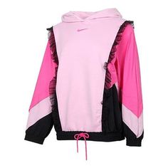 (WMNS) Nike Sportswear New Year Contrast Color Stitching Lace Fleece Lined Stay Warm Pullover Hoodie Light Pink DH1371-626 (Women's) Nike Athleisure Sweatshirt For Spring, Nike Sporty Hoodie For Spring, Nike Sporty Spring Hoodie, Sporty Fleece Sweatshirt With Patchwork, Spring Gym Hoodie With Ribbed Cuffs, Sporty Patchwork Fleece Sweatshirt, Nike Fleece Long Sleeve Activewear, Sporty Patchwork Hoodie For Winter, Hooded Sweatshirt For Gym In Spring