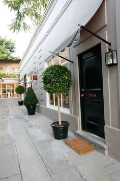 two potted trees on the side of a building next to a door and entrance