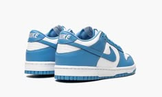 White/university blue/white leather Dunk Low sneakers "UNC 2021" from NIKE KIDS featuring signature Swoosh logo detail, panelled design, embroidered logo to the rear, round toe, front lace-up fastening, rubber sole and Release date: June 24, 2021.  These styles are supplied by a premium sneaker marketplace.  Stocking only the most sought-after footwear, they source and curate some of the most hard to find sneakers from around the world. . Unc Shoes, Painted Canvas Shoes, Pretty Sneakers, Retro Basketball Shoes, Kids Converse, Cute Nike Shoes, Hype Shoes, Cute Nikes, Stadium Goods