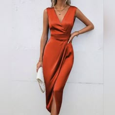 New Chic Wrap Top Banded Waist Tulip Midi Dress * Sleeveless * Wrap V Neck, Surplice * Banded High Waist * Smocked Stretch Back Waist * Wrap Tulip Midi Skirt *Approximate Unstretched Measurements* Small (4) * Bust 35.25" * Waist 26.75"(Up To 27.5") * Length 48" Medium (6) * Bust 37" * Waist 28.25"(Up To 29") * Length 48.75" Large (8/10) * Bust 39.5" * Waist 30.5"(Up To 31.5") * Length 49.5" Xl (12) * Bust 41.75" * Waist 33"(Up To 34") * Length 50.25" On Order * Will Ship In Approx 7-10 Days Colo Burnt Orange Silk Midi Dress, Rust Orange Bridesmaid Dresses Midi, Burnt Orange Dress Cocktail, Wrap Dress Orange, Luxury Orange Midi Dress For Formal Occasions, Orange Midi Dress Formal, Flowy Sundress, Knit Tank Dress, Fall Wedding Guest Dress