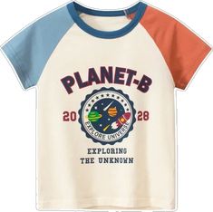 Trendy Spring Playtime T-shirt, Playful Multicolor Color Block T-shirt, Casual Letter Print T-shirt For Playtime, Cute Multicolor T-shirt For Playwear, Trendy Letter Print Tops For Playtime, Playful Multicolor Screen Print Tops, Casual Cotton T-shirt For Playtime, Multicolor Cartoon Print T-shirt For School, Sporty Summer Tops With Cartoon Print