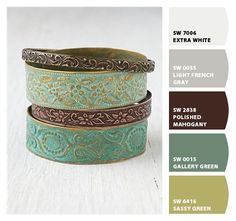 three different colors of leather bracelets sitting on top of each other, with the text below them