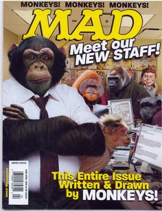 the front cover of mad magazine, featuring an image of a monkey in a suit and tie