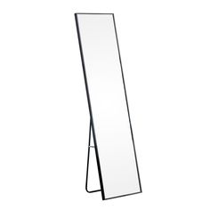 a standing mirror with a black frame on it's sides and a white background