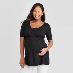 Materntiy Elbow Sleeve Deep V-Neck Nursing Top - Isabel Maternity by Ingrid & Isabel Black XS, Women's Summer Fitted Bump Friendly Tops, Fitted Maternity Tops Bump Friendly, Fitted Bump Friendly Maternity Tops, Black Stretch Tops Bump Friendly, Black Stretch Nursing Friendly Top, Black Stretch Nursing-friendly Top, Fitted Maternity Tops, Casual Fitted Maternity Top, Fitted Maternity Tops For Nursing