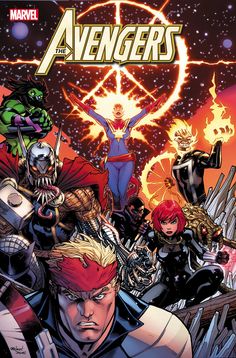 the cover to avengers vol 1, with many characters in front of them and an image of