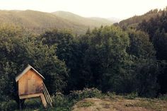 an outhouse in the middle of a forest with mountains in the backgroud