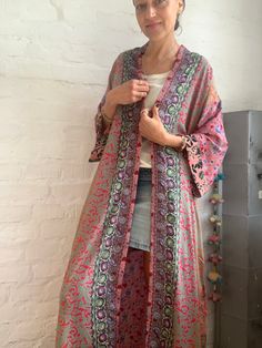 "This is one of a kind patchwork, upcycled silky robe Made free size with wrap tie closing and wide kimono sleeves Easy and fun to wear around the house or outside as a urban boho style, flowy kardigan with jeans and tshirt It is very comfy and feels soft and light the material is colourful indian saree silk made into this unique stylish over all MEAESURE free size length 55\" MATERIAL *saree silk, no lining more avaialable at https://www.etsy.com/shop/AltheaStores? CARE INSTRUCTIONS * Wash in w Silky Nightgown, Urban Boho, Pink Patchwork, Silky Robe, Light Party, Kimono Shirt, Tie Maxi Dress, Saree Silk, Beautiful Kimonos