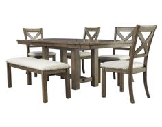 a wooden table with four chairs and a bench