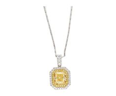 1.47 Carat total natural fancy yellow diamond pendant with a double diamond halo or round white and yellow diamonds in two tone 18k gold. Featuring a GIA certified VVS2 radiant cut 1.05 carat fancy yellow diamond center stone. 4-prong set with pave/prong set halo side stones.  Details:  ✔ Item Type: Necklace Pendant  ✔ Metal: 18k White and Yellow Gold ✔ Weight: 2.76 grams ✔ Setting: Prong  Stone Details: ✔ Gemstone: Yellow Diamond ✔ Carat: 1.05 ✔ Color: Yellow ✔ Cut: Rectangular brilliant (radia Yellow Diamond-cut Necklace In Fine Jewelry Style, Yellow Diamond Fine Jewelry Necklace, Yellow Diamond Necklace In Fine Jewelry Style, Luxury Yellow Diamond Necklace With Accents, Yellow Diamond Cut Necklace In Fine Jewelry Style, Fine Jewelry Yellow Diamond Necklace, Yellow Diamond Necklace With Brilliant Cut, Yellow Diamond Necklace For Anniversary, Formal Yellow Diamond Necklace Fine Jewelry Style