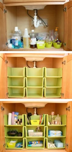 two pictures of the inside of a cabinet with plastic bins and containers on it