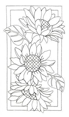 a black and white drawing of flowers in a square frame with leaves on the side