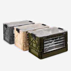 three different types of crates sitting next to each other