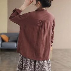 Details: Gender: Women Item Type: Blouse Material: Cotton Linen Pattern Type: Pleated Season: Spring, Autumn Style: Leisure, Daily, Retro Occasion: Going Out, Daily Size: M Length: 59.00 cm/ 23.23 " Bust: 106.00 cm/ 41.73 " Shoulder: 38.00 cm/ 14.96 " Sleeve: 56.00 cm/ 22.05 " Size: L Length: 60.00 cm/ 23.62 " Bust: 110.00 cm/ 43.31 " Shoulder: 39.00 cm/ 15.35 " Sleeve: 57.00 cm/ 22.44 " Size: XL Length: 61.00 cm/ 24.02 " Bust: 114.00 cm/ 44.88 " Shoulder: 40.00 cm/ 15.75 " Sleeve: 58.00 cm/ 22. Red Collared Solid Color Shirt, Red Solid Color Collared Shirt, Collared Solid Color Cotton Blouse, Collared Solid Color Top For Daywear, Long Sleeve Blouse For Fall Daywear, Long Sleeve Blouse For Daywear In Fall, Solid Color Relaxed Fit Blouse For Daywear, Red Relaxed Fit Long Sleeve Blouse, Spring Brown Solid Color Blouse