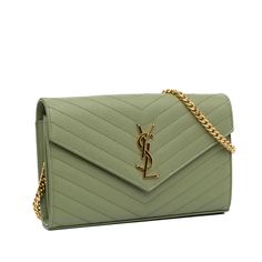 Designer Authentic Ysl. Great Condition. Worn Twice. Saint Laurent Crossbody Bag, Bag Silhouette, Saint Laurent Bags, Envelope Wallet, Yves Saint Laurent Bags, Wallet On Chain, Snap Fasteners, Green Leather, Bag Shoulder