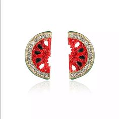 Betsey Johnson Crystal Watermelon Stud Earrings Silver, Red, Pink & Black Crystals Adorn The Watermelon Slices With A Little Bite Taken Out Of Each!! Watermelon Earrings, Cloisonne Earrings, Ivory Earrings, Fruit Jewelry, Betsey Johnson Jewelry, Rhinestone Studs, Rhinestone Jewelry, Handmade Boho, Earrings Color