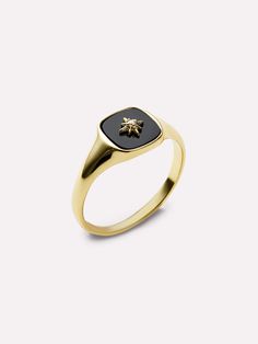 Gold Signet Ring - Amara Black Black And Gold Rings, Invisible Closet, Black And Gold Ring, 14k Gold Signet Ring, Star Symbol, Pure Gold Jewellery, Seasonal Wardrobe, Bold Rings, Detailed Jewelry