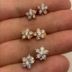 14k Yellow Gold, 14k Rose Gold And Rhodium Over Sterling Silver Earrings - Set Of 3, 5.00cts Diamond Simulant, Earrings Color, Earrings Set, Sterling Silver Earrings, Earring Set, Silver Gold, Silver Earrings, Nose Ring, Jewelry Earrings