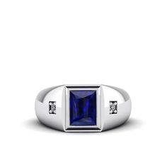 Simply stated and perfectly on-trend, this sapphire ring lends a look of refined sophistication to just about any attire. ---------------------- Metal: Sterling Silver Purity: 925 (hallmarked)Gemstone: SapphireCarat Total Weight: 2.40Cut: Faceted Rectangle0.8 x 0.6 cm (0.3" x 0.2")Setting Type: BezelAccent Stones: DiamondsCarat Total Weight: 0.06Setting Type: Pave Cut: GoodColor: HClarity: VS1Ring width: 5.2 mm / 0.2" wide across the undersideProduct weight: 10 gr (0.35 oz) Diamond Birthstone Ring, Virgo Gifts, Diamond Birthstone, Solid Gold Band, Gold Signet Ring, Unique Gemstones, Birthstone Ring, Silver Man, Real Diamonds