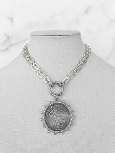 Silver Vintage Coin Necklace Silver Medallion Chain Necklace, Vintage Silver Jewelry With Cable Chain, Silver Medallion Jewelry With Chunky Chain, Vintage Medallion Necklace With Silver Chain, Silver Medallion Necklace With Cable Chain, Vintage Sterling Silver Chain Necklace, Vintage Silver Cable Chain Jewelry, Vintage Silver Coin Necklace With Chain, Vintage Silver Coin Pendant Necklace