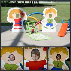 there are three pictures of children playing in the park with their own faces on them