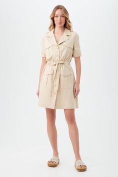 TASHA DRESS Linen Shirtdress, Style Aesthetics, Notch Collar, Relaxing Day, Travel Style, Size Guide, Elastic Waist, Womens Sizes, Long Sleeves