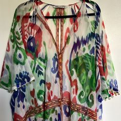 Never Used, Was Sitting In The Closet For A While. Vibrant Summer Beach Blouse, Multicolor Tunic Top For Vacation, Multicolor Print Beach Blouse For Spring, Vibrant V-neck Blouse For Beach, Casual Multicolor Boho Print Cover-up, Vibrant Multicolor Print Beach Blouse, Multicolor Print Beachwear Tops For Vacation, Multicolor Boho Print Summer Tops, Multicolor V-neck Cover-up For Day Out