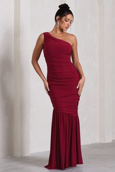 The Limelight Berry Asymmetric Ruched Fishtail Maxi Dress – Club L London - USA Floor-length Ruched One Shoulder Dress For Gala, Ruched One Shoulder Floor-length Dress For Gala, Ruched One-shoulder Floor-length Dress For Gala, Floor-length Ruched One Shoulder Prom Dress, One-shoulder Ruched Maxi Evening Dress, Ruched One-shoulder Floor-length Prom Dress, Off-shoulder Stretch Maxi Dress For Prom, Ruched One-shoulder Maxi Evening Dress, Stretch Off-shoulder Maxi Dress For Prom