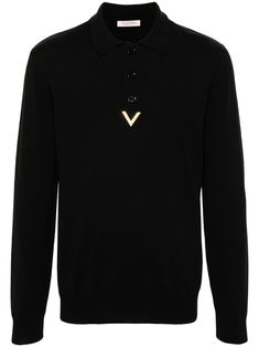 Valentino Ready To Wear black virgin wool knitted construction polo collar long sleeves VGold detail straight hem short front button fastening Valentino Ready To Wear, Versace Sneakers, City Shorts, Balenciaga Triple S, Summer Beach Wear, Short Suit, Espadrille Shoes, Polo Collar, Light Jacket