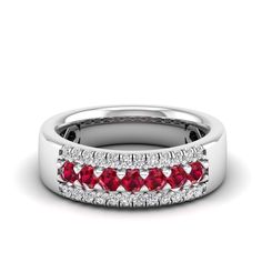 14K White Gold Classic Diamond Ring With Lab-created Ruby Accent Stones, Red Promise Ring With Round Band, Red Round Band Promise Ring, Classic Red Promise Ring, Red Diamond Channel Set Rings, Red Diamond Rings With Channel Set, Ruby Rings With Brilliant Cut In Diamond White, Brilliant Cut Ruby Rings In Diamond White, Red Diamond Ring For Formal Occasions