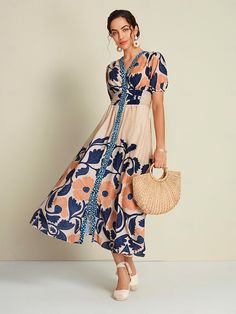 Women's Loose Dress Resort Wear Maxi long Dress Rainbow Short Sleeve Floral Printing Spring & Summer V Neck Vacation Vacation Dress S M L Traveling Italy, Resort Dress, High Waisted Floral Shorts, V Neck Maxi Dress, High Waist Short, Printed Casual Dresses, Vacation Dress, Dress 2024, Maxi Shirt Dress