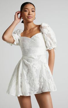 Brailey Mini Dress - Puff Sleeve Fit and Flare Dress in White | Showpo USA Floral Overlay, Mini Dress With Sleeves, Fitted Bodice, Fit And Flare Dress, Sweetheart Neckline, Semi Formal, Flare Dress, Fit And Flare, Puff Sleeve