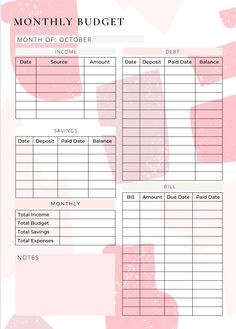 a printable budget sheet with the words, month of october and dates on it