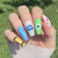 "🎨✨ Discover the unique world of nail art with me, a passionate self-taught nail artist from Bulgaria. I bring your favorite childhood cartoons, iconic movie scenes, popular snack brands, and more to life, right on my nails! Each design, meticulously hand-painted, represents hours of dedication #NailArt #PopCultureNails #DIYNailDesigns #MovieNails #CartoonNails #SnackNails #Handpainted #NailArtist #BulgarianArt #TVSeriesNails #GameNails" Disney Movie Nail Art, Disney Cars Theme Nails, Pixar Nails Simple, Monsters Inc Nails Design, Elemental Nails Disney, Monsters Ink Nails, Monsters Inc Nails Acrylic, Easy Cartoon Nails, Monster Inc Nails Design