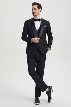 This one button tuxedo by Stacy Adams features a wide black satin shawl lapel, matching pants and vest. This comes in a hybrid fit (Sizes 34-44 = Slim Fit | Sizes 46+ = Modern Fit) Shawl Lapel Tuxedo, Jessica Clark, Designer Tuxedo, Satin Shawl, Tuxedo Shirts, Suit Style, Matching Pants, Dress Hats, Luxury Fabrics