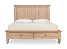 a bed with two drawers underneath it and a white pillow on top of the bed