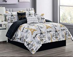 PRICES MAY VARY. Polyester Fancy 7pc Comforter Bed in a Bag Bedding Set What's included: King Comforter (104"x90"), 2 Pillow Shams (20"x36"), 1 Bed Skirt (78"x80"+14"), 1 Cushion (16"x16"), 1 Breakfast Pillow (12"x18"), and 1 Decorative Pillow (18"x18") 100% Premium Polyester Fabric with Vibrant colors Machine wash, cold water, tumble dry low Bedding Haus King Size 7pc Comforter Bed in a Bag Set, Fancy and Beautiful French Paris Bed Cover with Eiffel Tower Print, Paris King Comf Black/Gold Paris Comforter Set, Paris Bedding, Paris Themed Bedroom, Bedroom Comforter Sets, Stylish Bedroom Decor, Queen Size Comforter Sets, Paris Bedroom, King Size Comforter Sets, Theme Beds