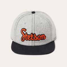 Grey Vintage Wool Flat Bill Baseball Cap, Vintage Wool Baseball Cap With Flat Brim, Retro Wool Six-panel Baseball Cap, Retro Wool Baseball Cap, Retro Six-panel Baseball Cap With Embroidered Logo, Classic Wool Snapback Hat, Vintage Snapback Hat With Letter Patch, Vintage Orange Snapback Hat, Retro Orange Baseball Cap With Curved Brim