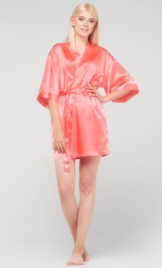 Light Coral Satin Kimono Short Robe-Robemart.com Satin Kimono, Silk Dress Long, Light Coral, Satin Material, Kimono Fashion, Spandex Fabric, Silk Dress, Night Gown, Bridal Party