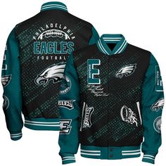 Philadelphia Eagles National Football League Pattern Varsity Jacket V13 VARSITY JACKET The varsity jacket is perfect for the ones who are looking for a statement outwear option to make a cool casual outfit. It is not only trendy but also a practical item to wear during the colder season. It is perfect for casual wear,... Baseball Attire, Eagles Baseball, Football Fan Gifts, Philadelphia Eagles Logo, Football Jacket, Eagles Logo, Jacket Sport, Football Jackets, Nfl Philadelphia Eagles