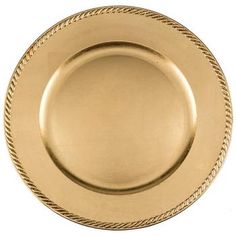 an empty gold plate with braided edges is shown on a white background for use as a design element