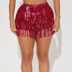 New Never Worn Fashion Nova Hit The Lights Sequin Fringe Short - Hot Pink Size Small 95% Polyester 5% Spandex Elastic Waistband, High Rise, Fringe Detail Stretch Mini Skirt For Party, Party Mini Skirt With Stretch, Fitted Bottoms With Short Inseam For Party, Fitted Party Bottoms With Short Inseam, Fitted Party Bottoms With Built-in Shorts, Summer Party Bottoms With Short Legs, Summer Club Bottoms With Short Length, Club Bottoms For Summer, Short Length, Short Bottoms For Club In Summer