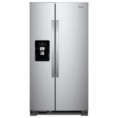 a silver refrigerator freezer sitting in front of a white wall