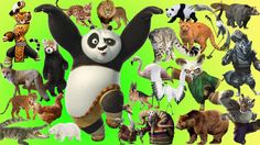 there are many different kinds of animals on this green and yellow background, including panda